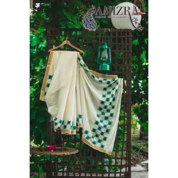 PHULKARI-ETERNAL WHITE/SEA GREEN AND BLUE  Hand Embroidered Phulkari